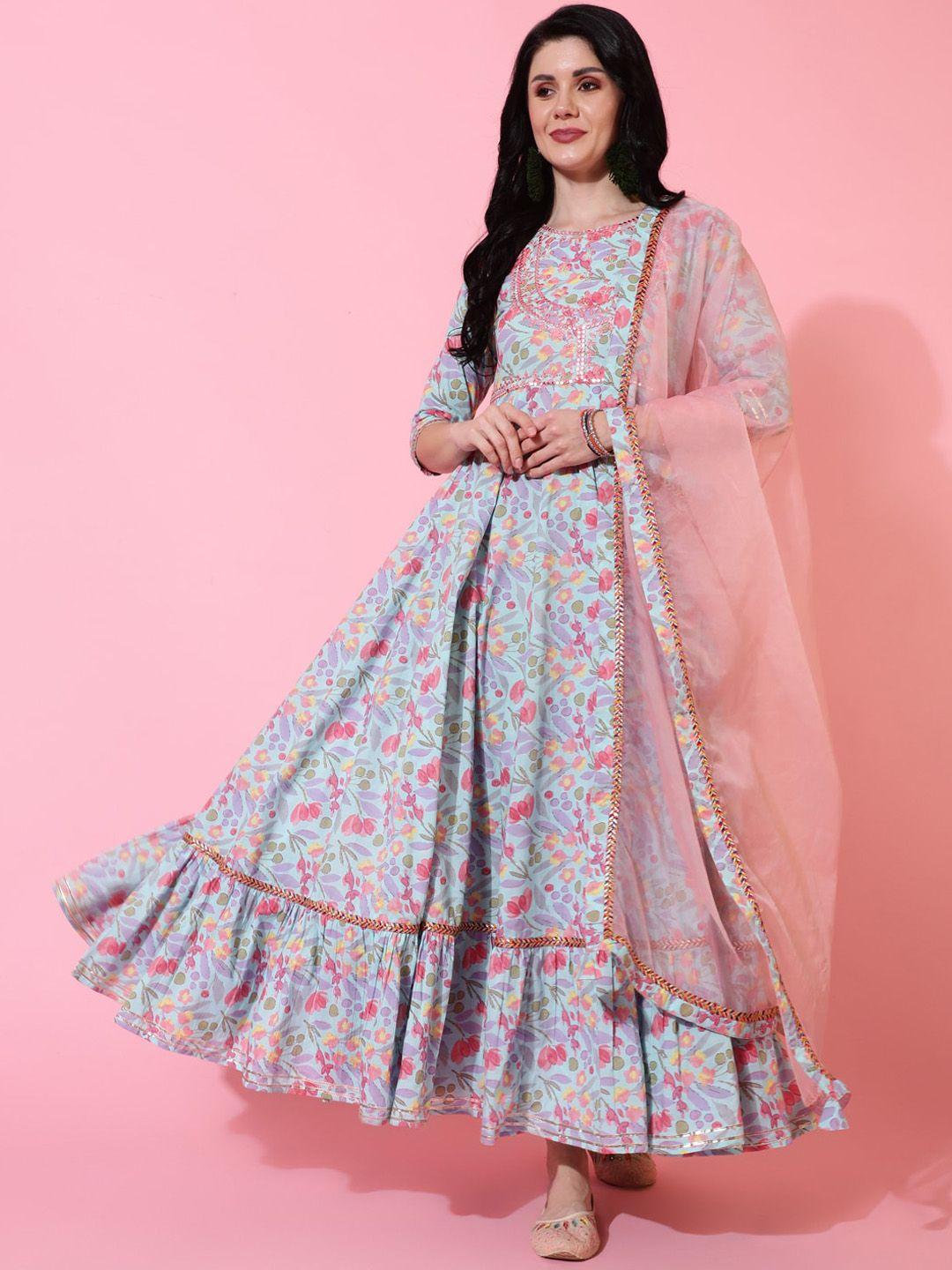 kimayra floral printed mirror work cotton fit & flare ethnic dress with dupatta