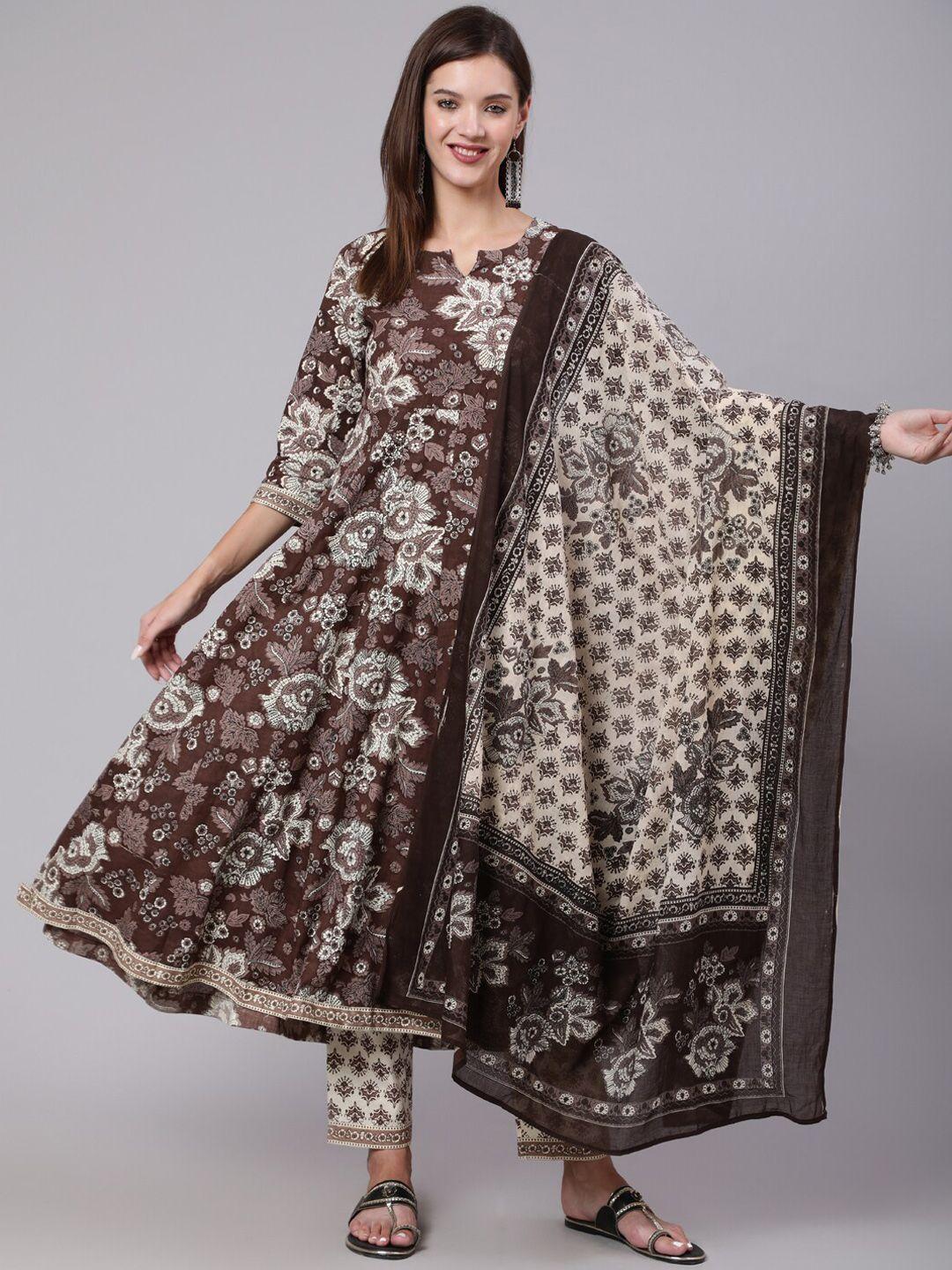 kimayra floral printed pure cotton anarkali kurta with trousers & dupatta