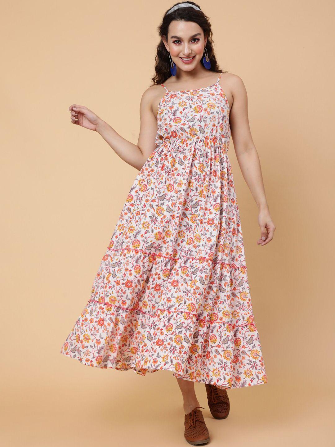 kimayra floral printed shoulder strap tiered cotton fit & flare midi dress