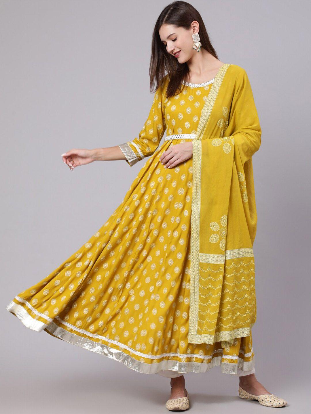 kimayra scoop neck floral printed mirror work anarkali kurta with dupatta