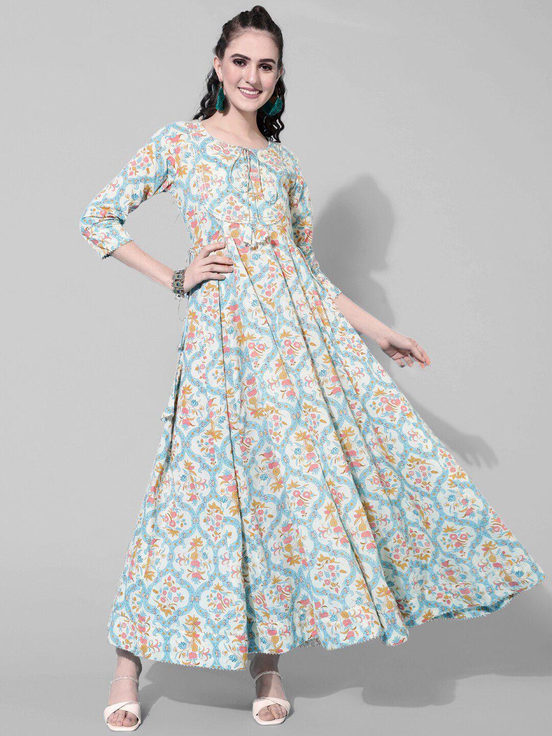 kimayra tie-up neck floral printed cotton anarkali kurta