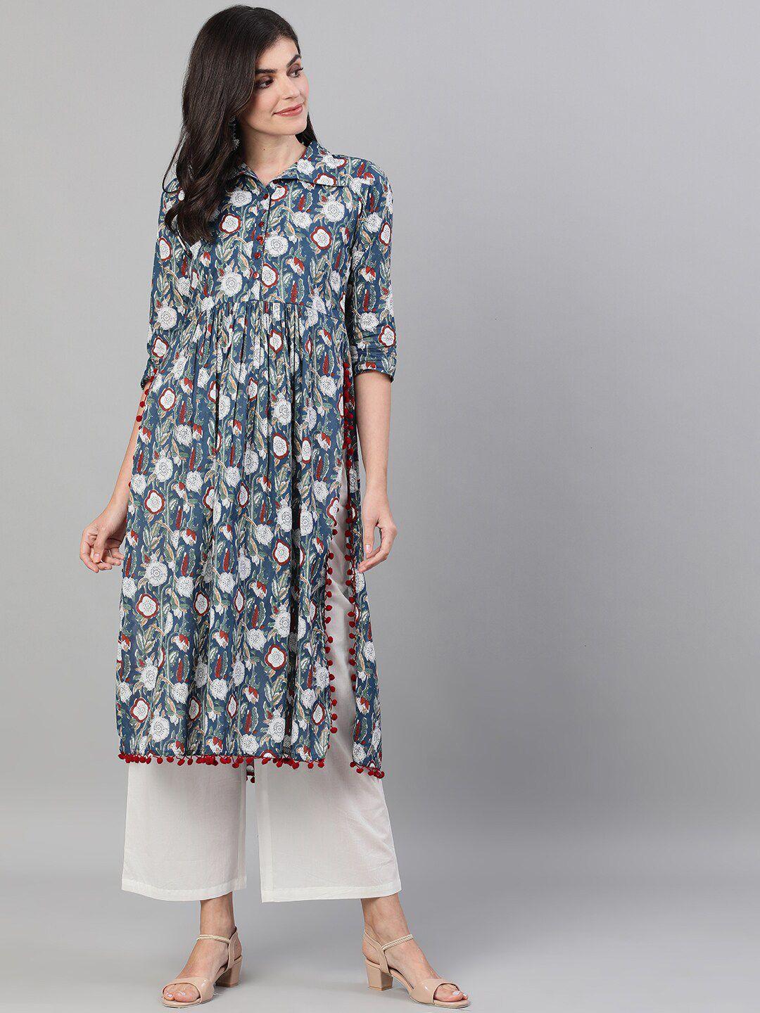 kimayra women blue floral printed keyhole neck thread work kurta