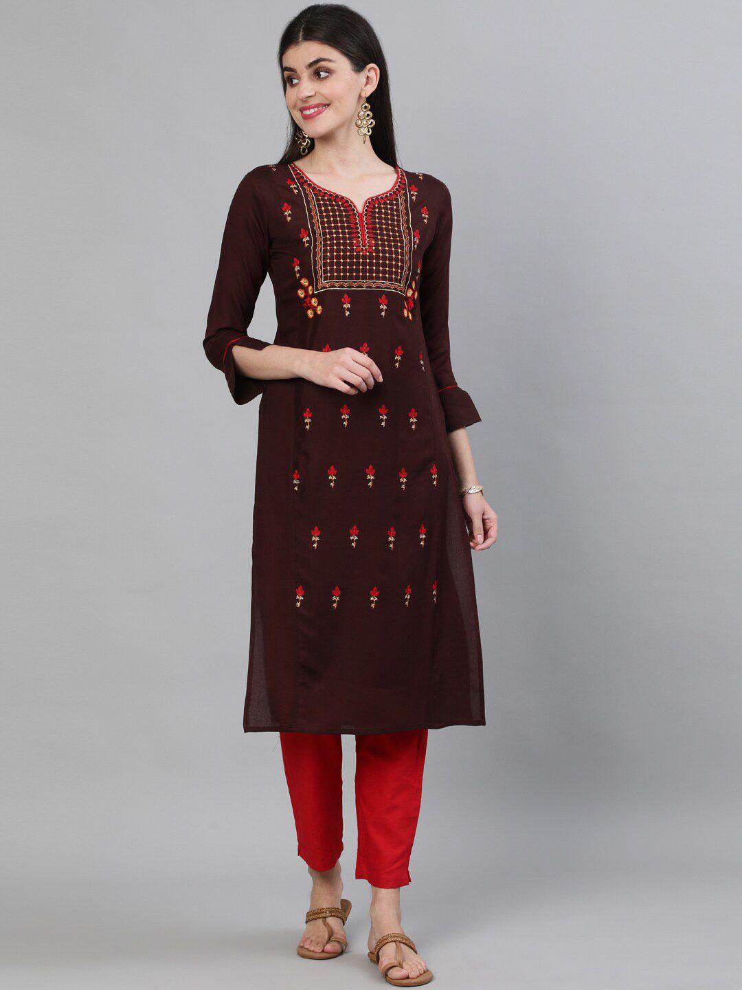 kimayra women brown & red ethnic motifs embroidered cotton kurta