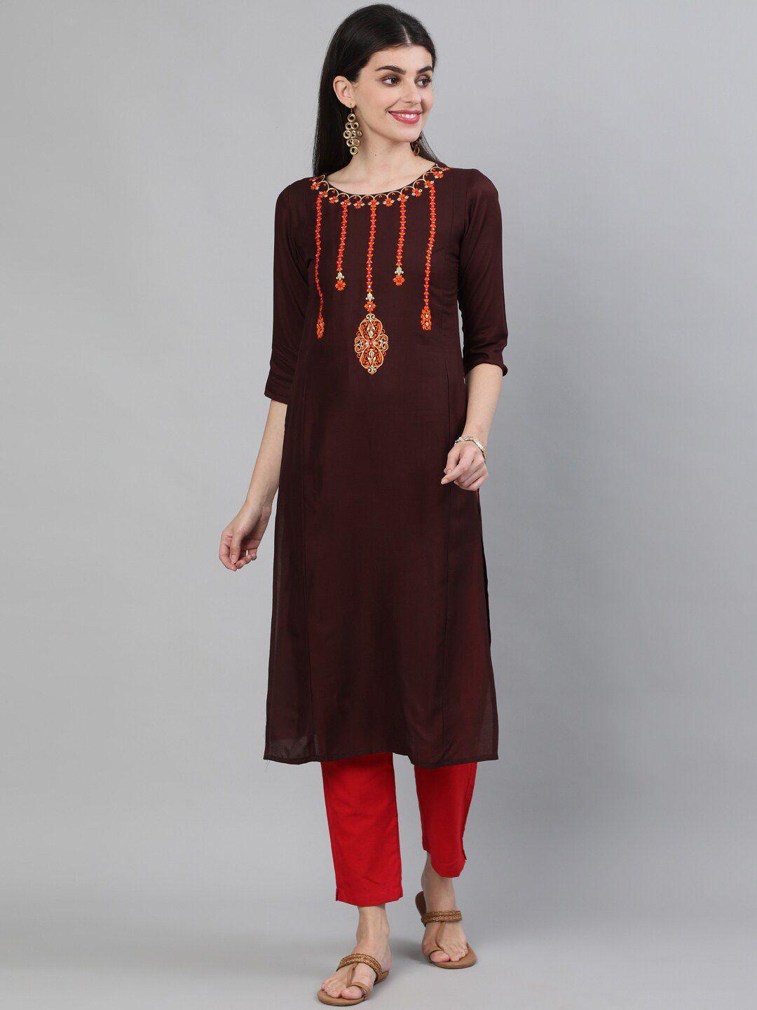 kimayra women brown ethnic motifs embroidered thread work kurta