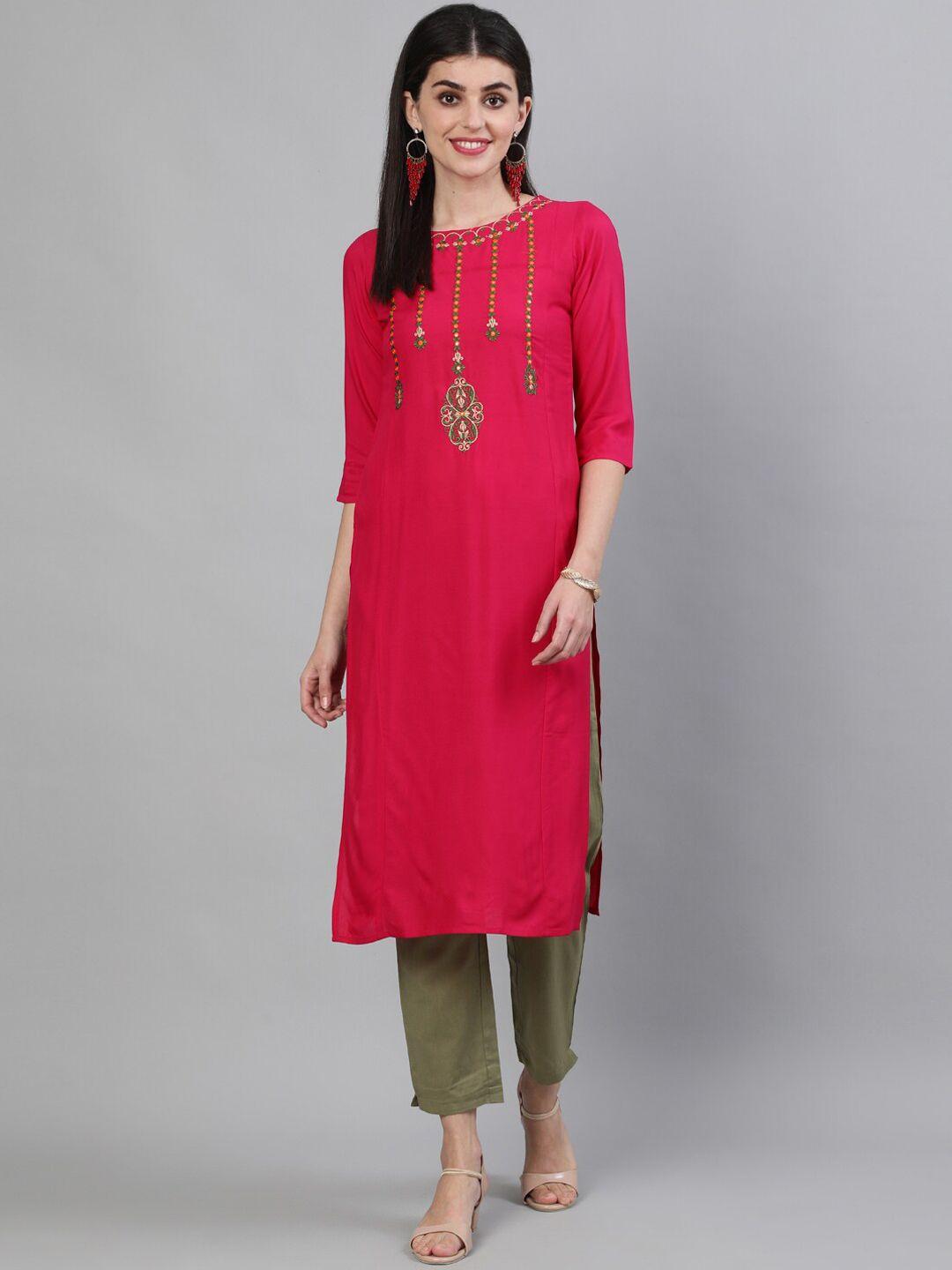 kimayra women fuchsia embroidered thread work kurta