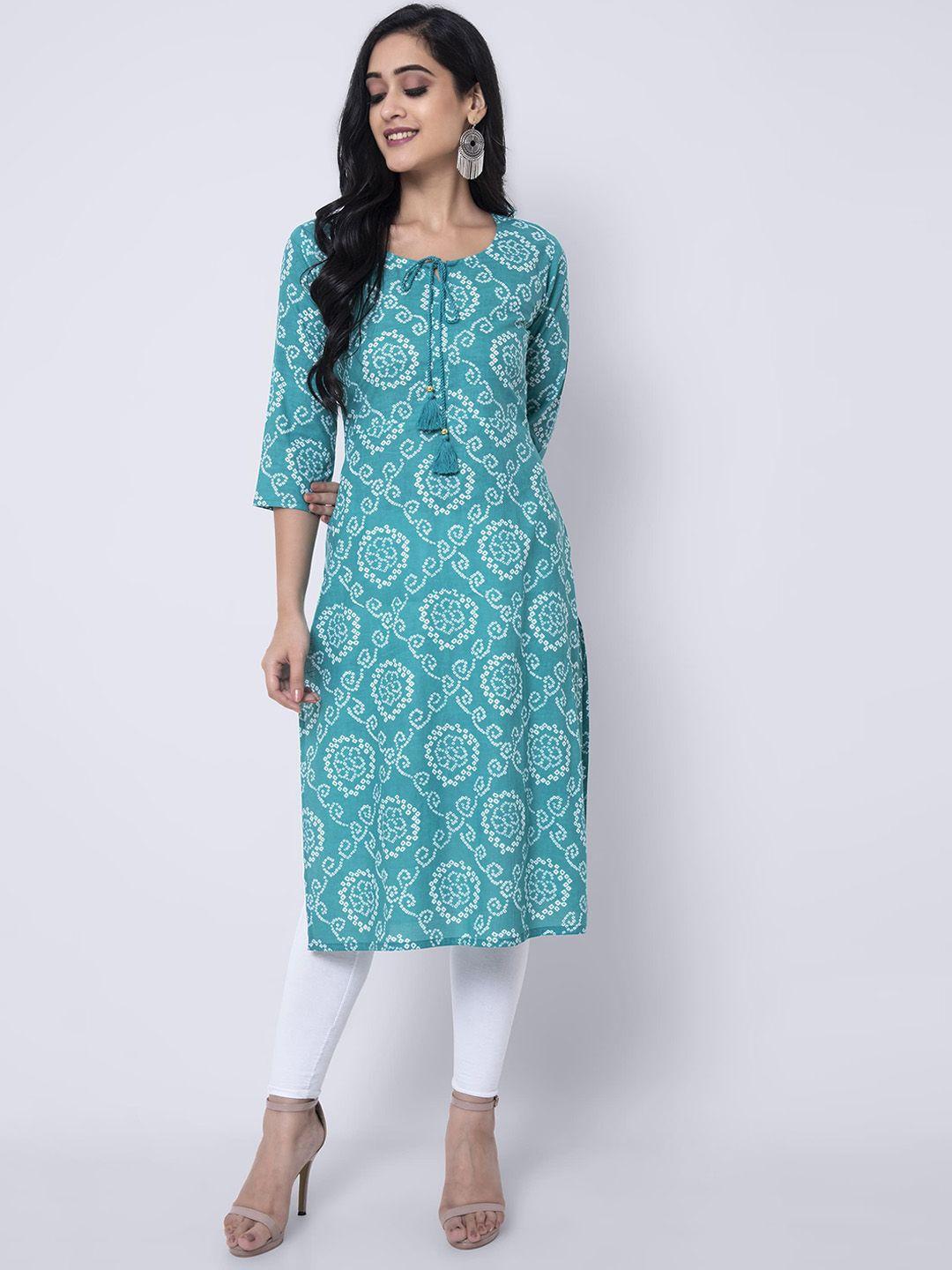 kimayra women green ethnic motifs printed thread work kurta