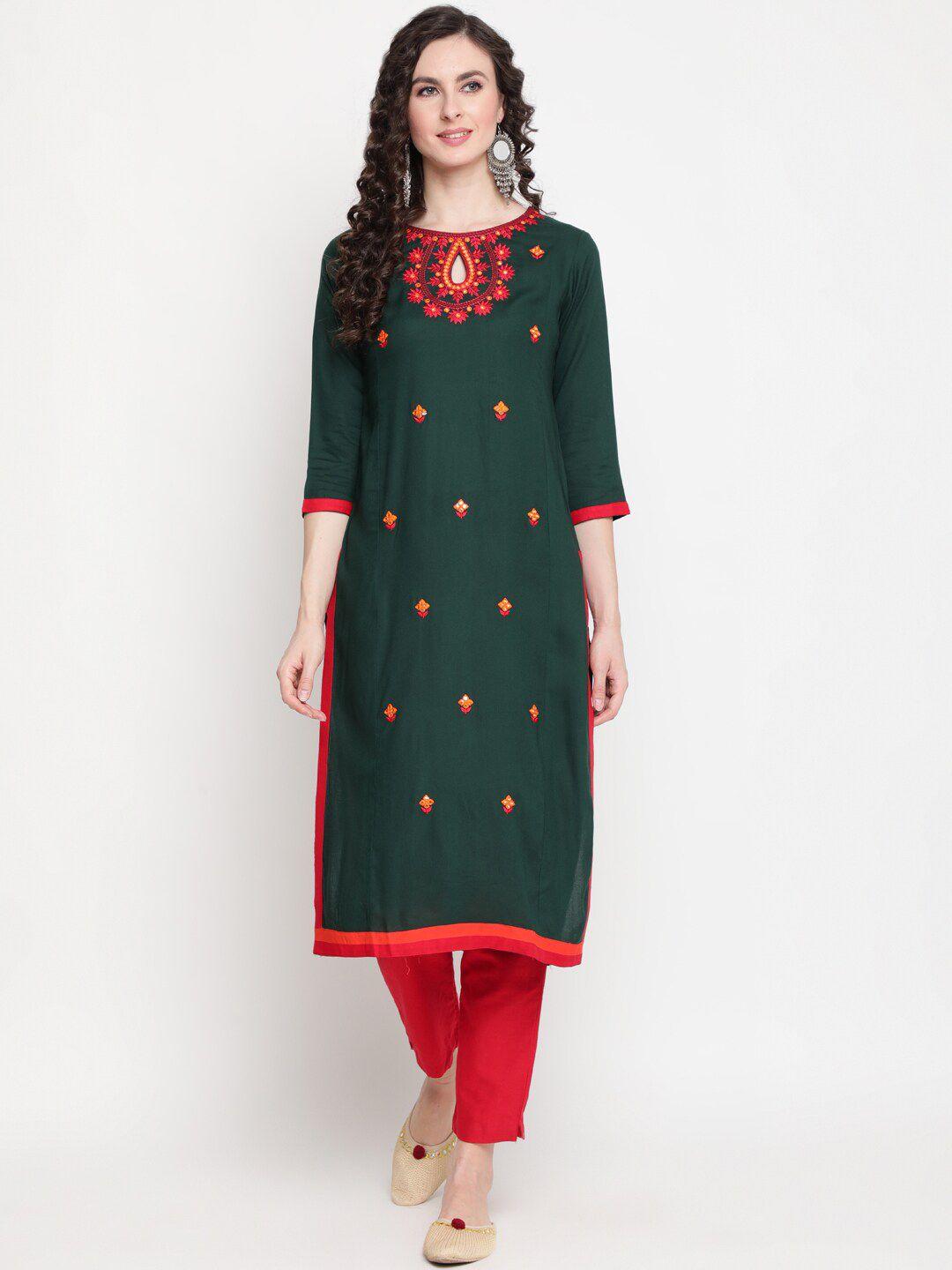 kimayra women green geometric embroidered keyhole neck thread work kurta