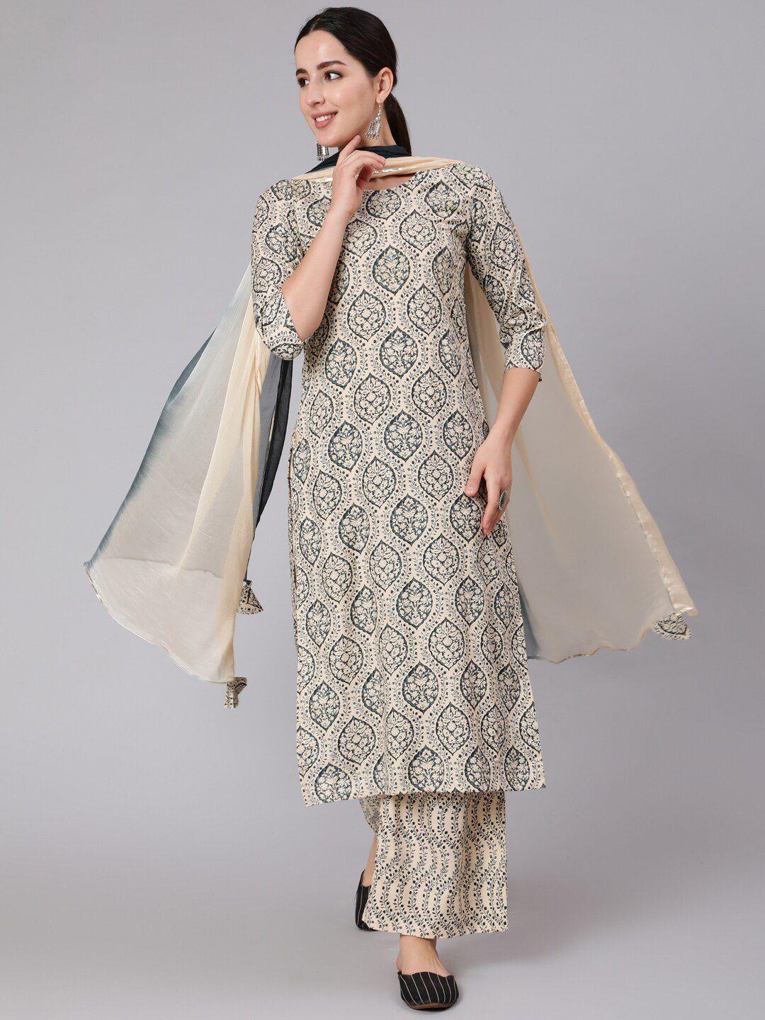 kimayra women grey printed kurta with palazzos