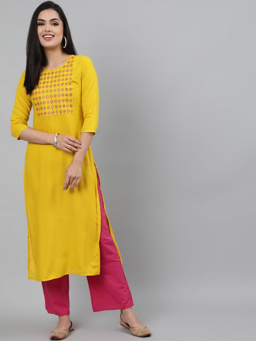 kimayra women mustard yellow ethnic motifs embroidered mirror work kurta