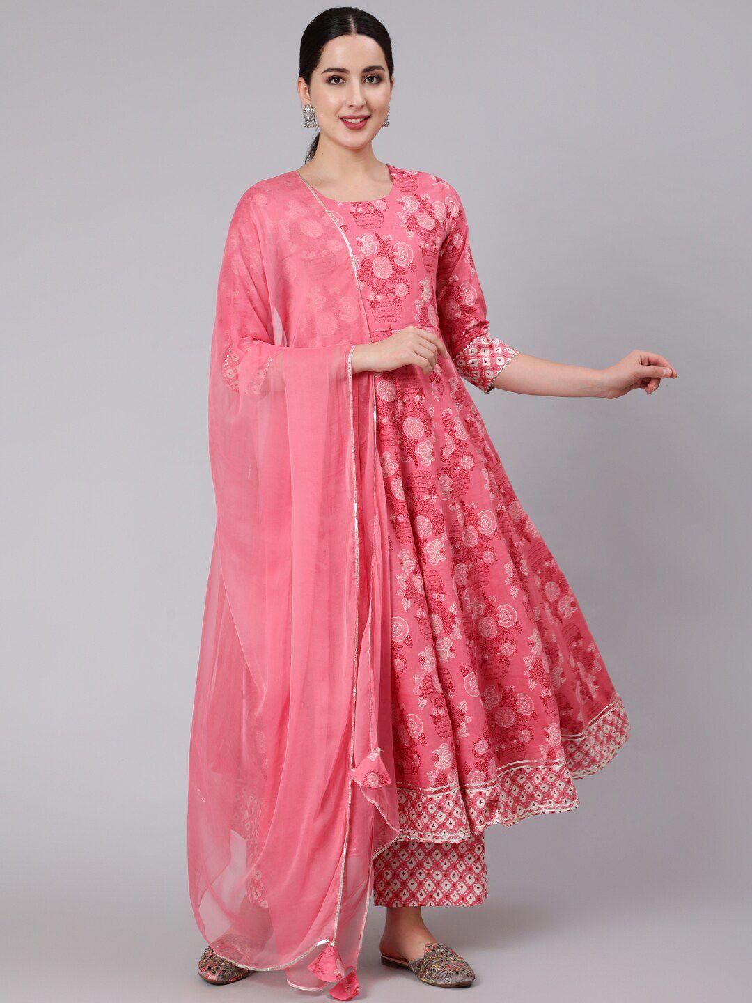 kimayra women pink ethnic motifs striped layered pure cotton kurti with patiala & with dupatta