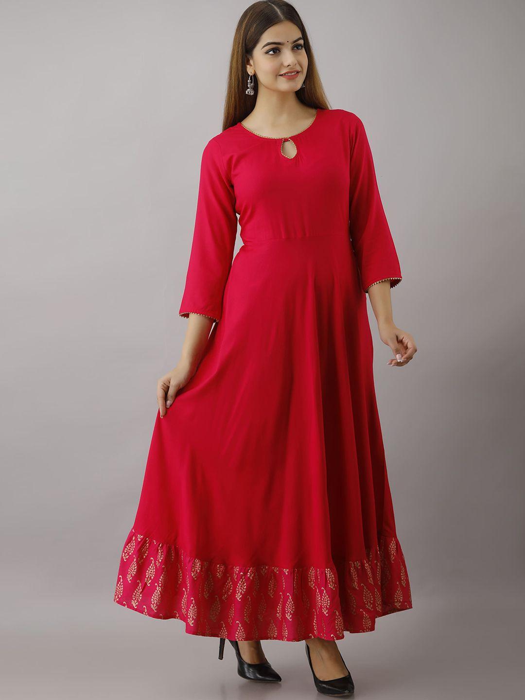 kimayra women red keyhole neck flared sleeves thread work anarkali kurta