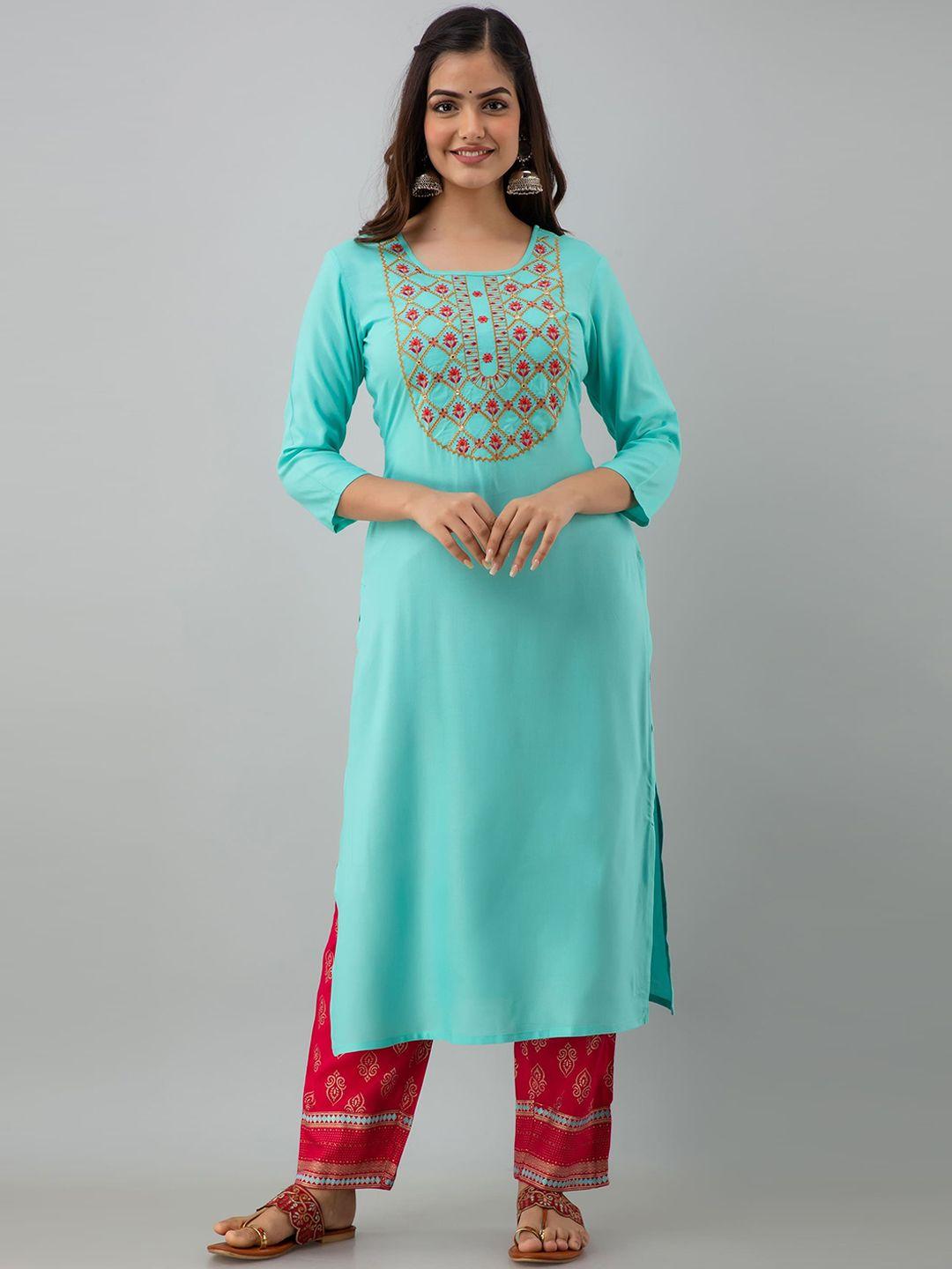 kimayra women sea green floral embroidered panelled kurti with trousers
