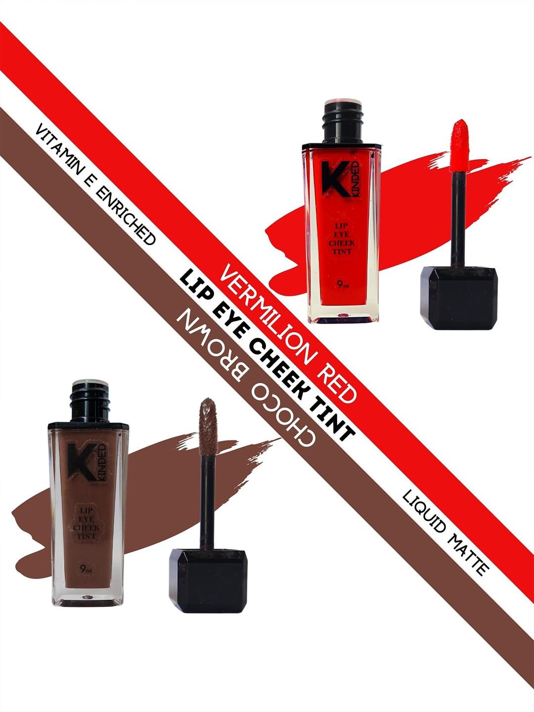 kinded set of 2 lip eye cheek tint with vitamin e - vermilion red 03 & choco brown 07