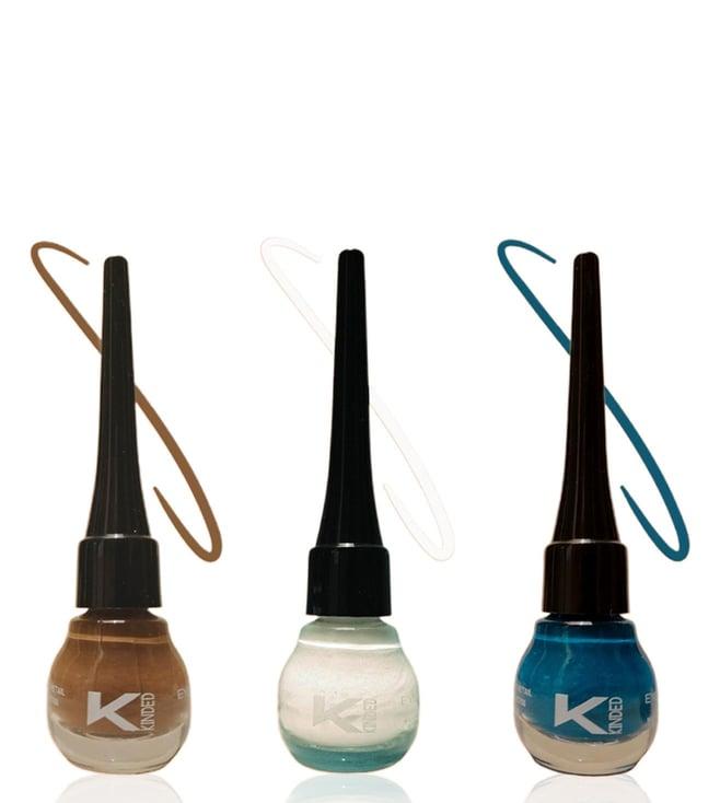 kinded liquid eye liner teal green, camel brown & white pearl combo
