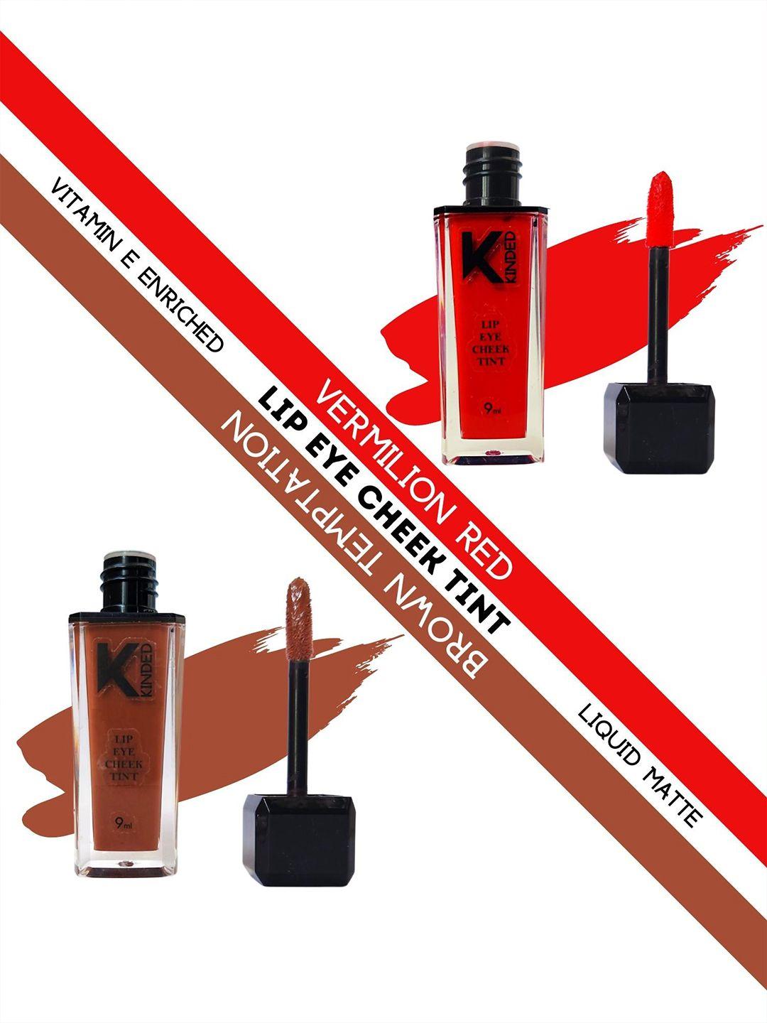 kinded set of 2 lip eye cheek tint with vitamin e - vermilion red 03 & brown temptation 06