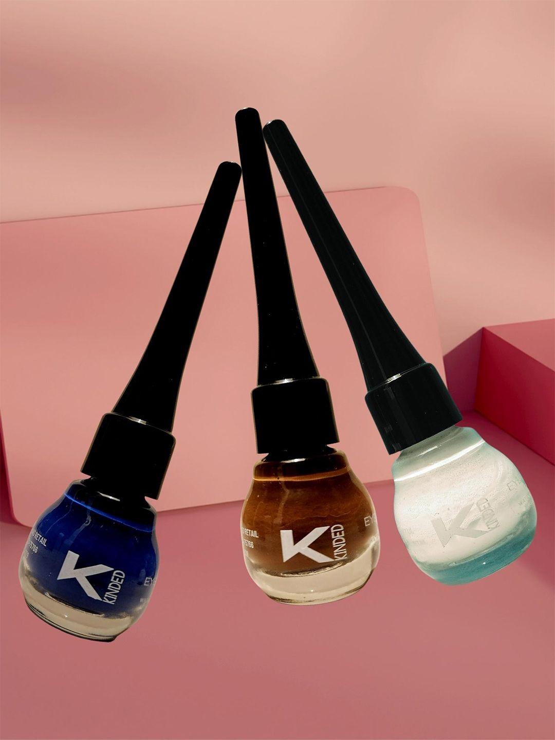 kinded set of 3 liquid eye liner 5ml each - chocolate brown, royal blue & white pearl