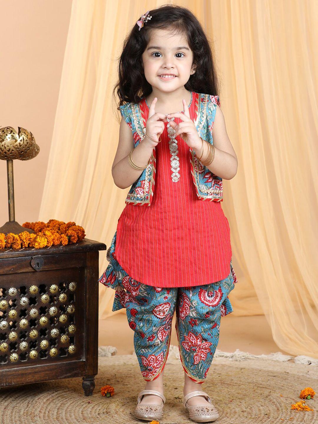 kinder kids girls striped pure cotton gotta patti kurti with dhoti pants & jacket