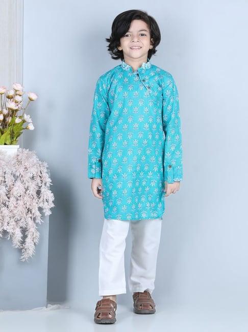 kinder kids blue & white floral print full sleeves kurta with pyjamas
