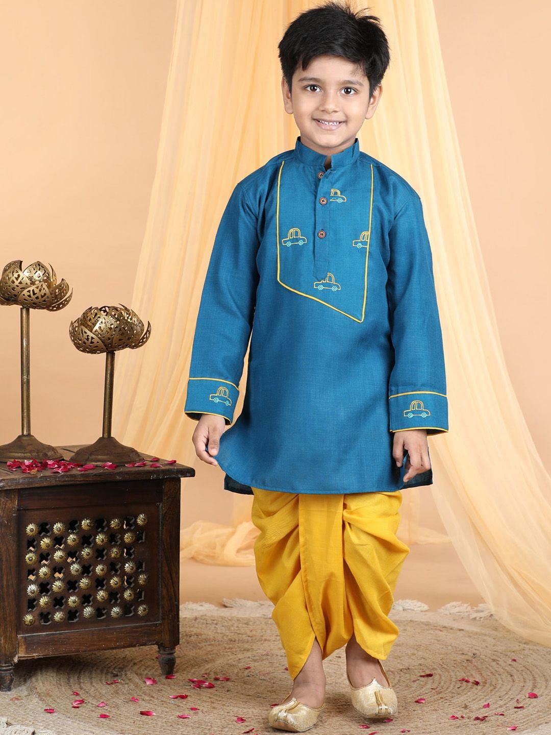 kinder kids boys blue embroidered regular thread work pure cotton kurta with dhoti pants