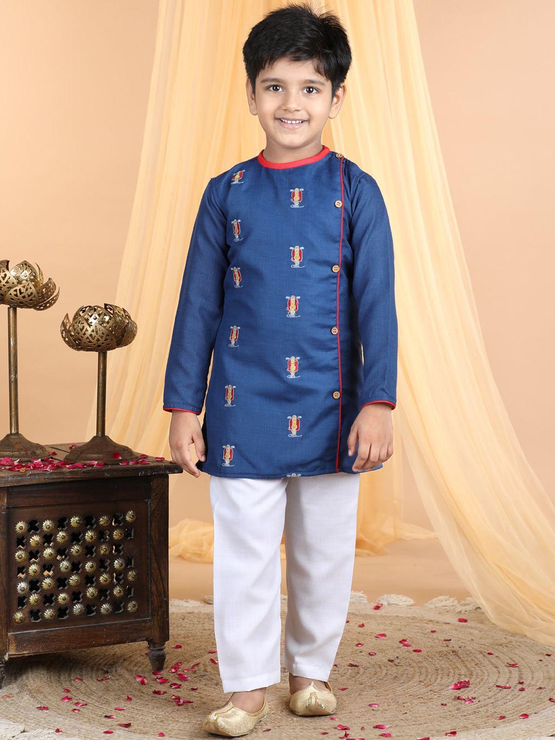 kinder kids boys blue embroidered regular thread work pure cotton kurta with trousers