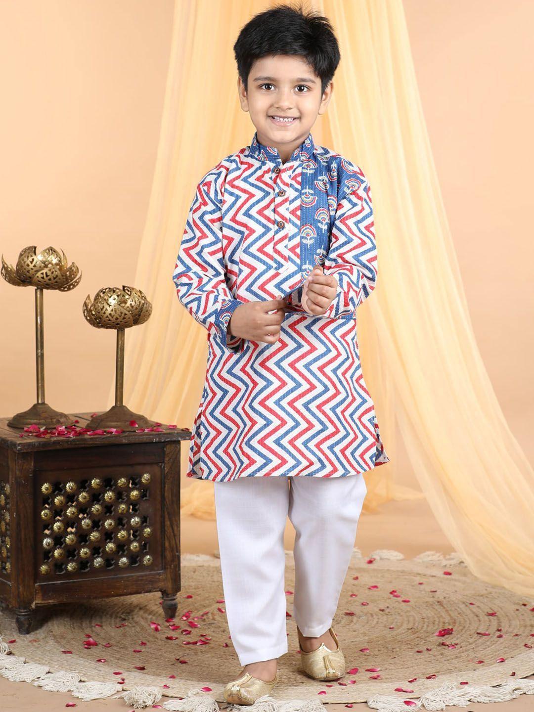kinder kids boys blue printed regular pure cotton kurta with pyjamas