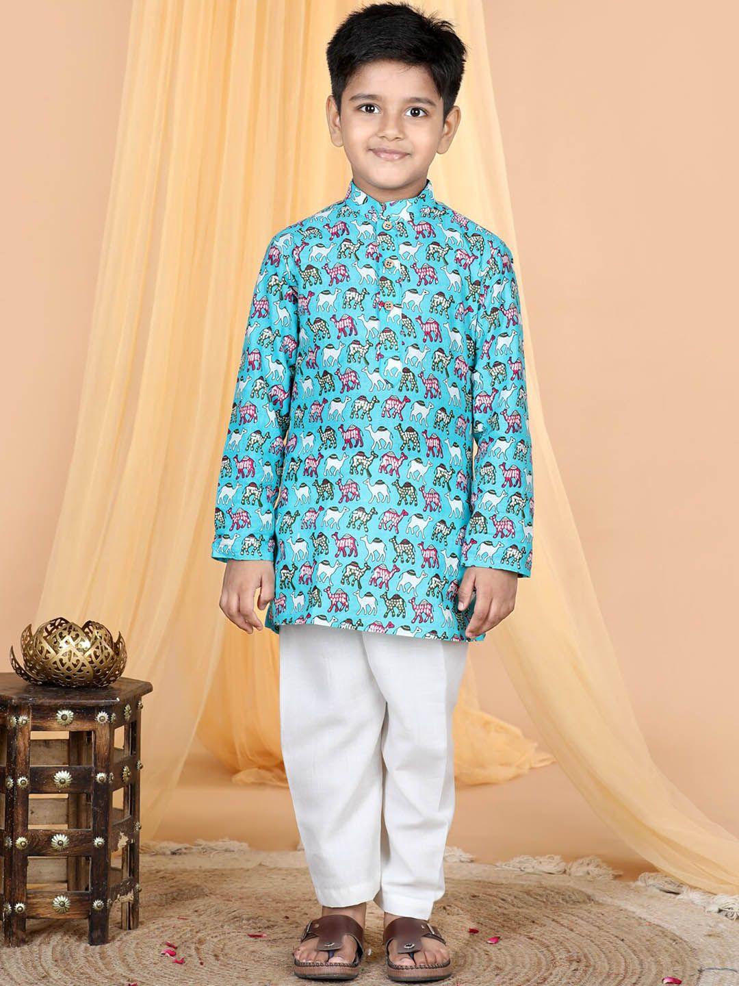kinder kids boys camel printed regular pure cotton kurta with trousers
