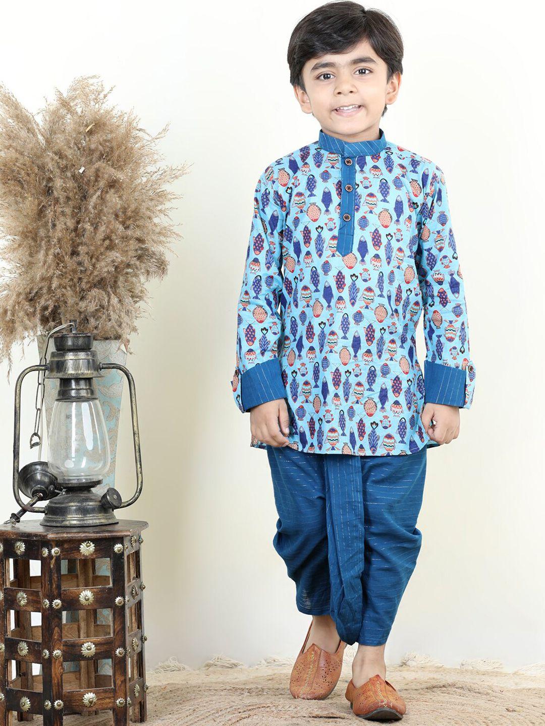 kinder kids boys conversational printed pure cotton kurta with dhoti pants