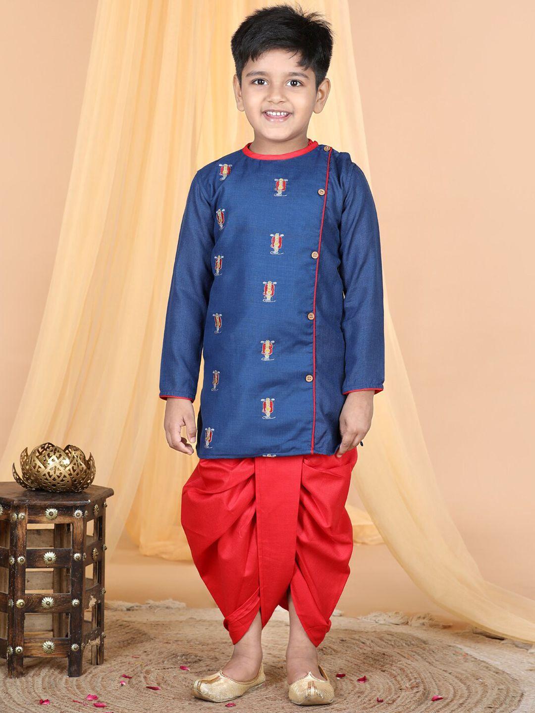 kinder kids boys ethnic motifs embroidered regular pure cotton kurta with dhoti pants