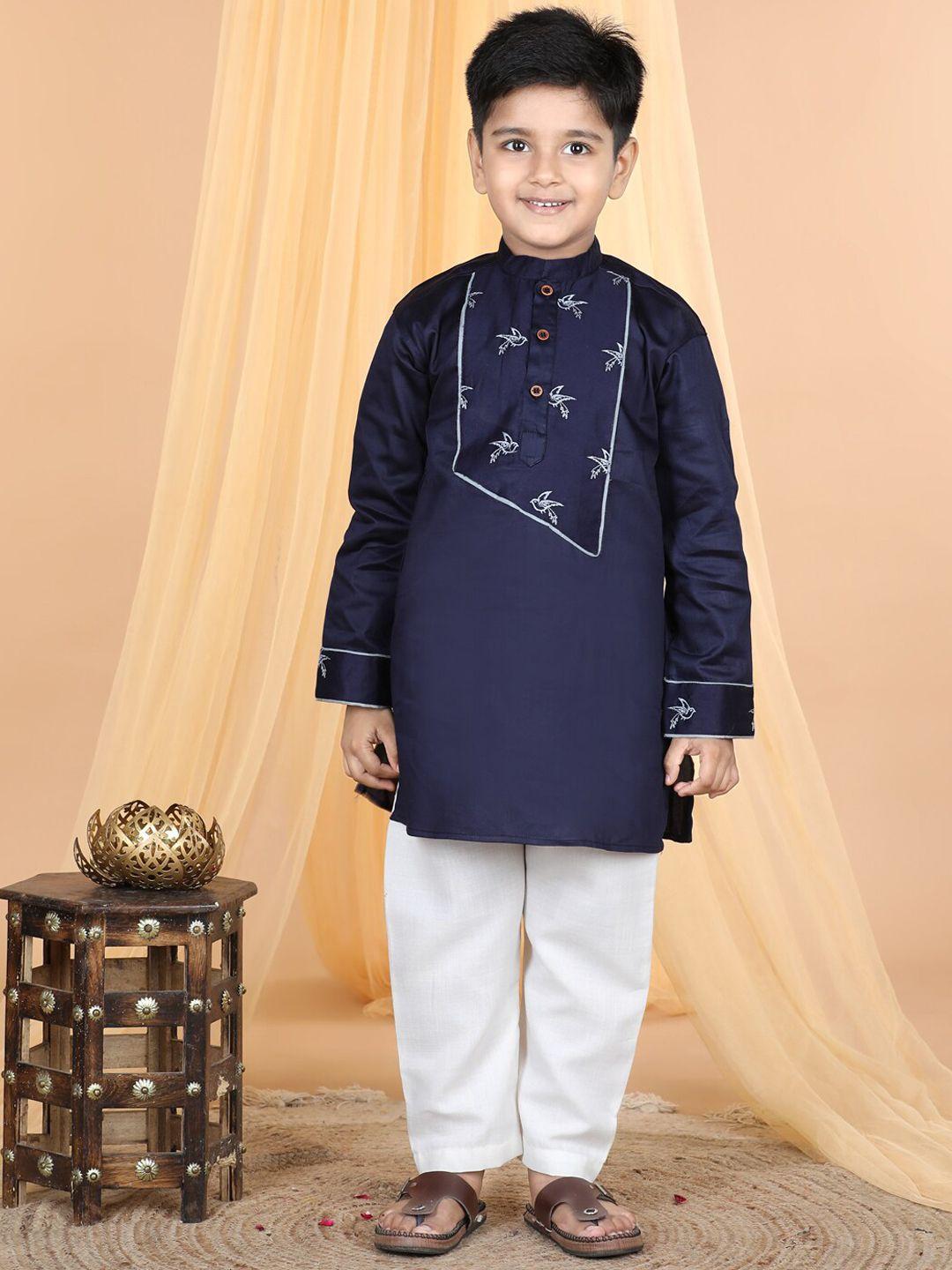 kinder kids boys ethnic motifs yoke design thread work pure cotton kurta with trousers