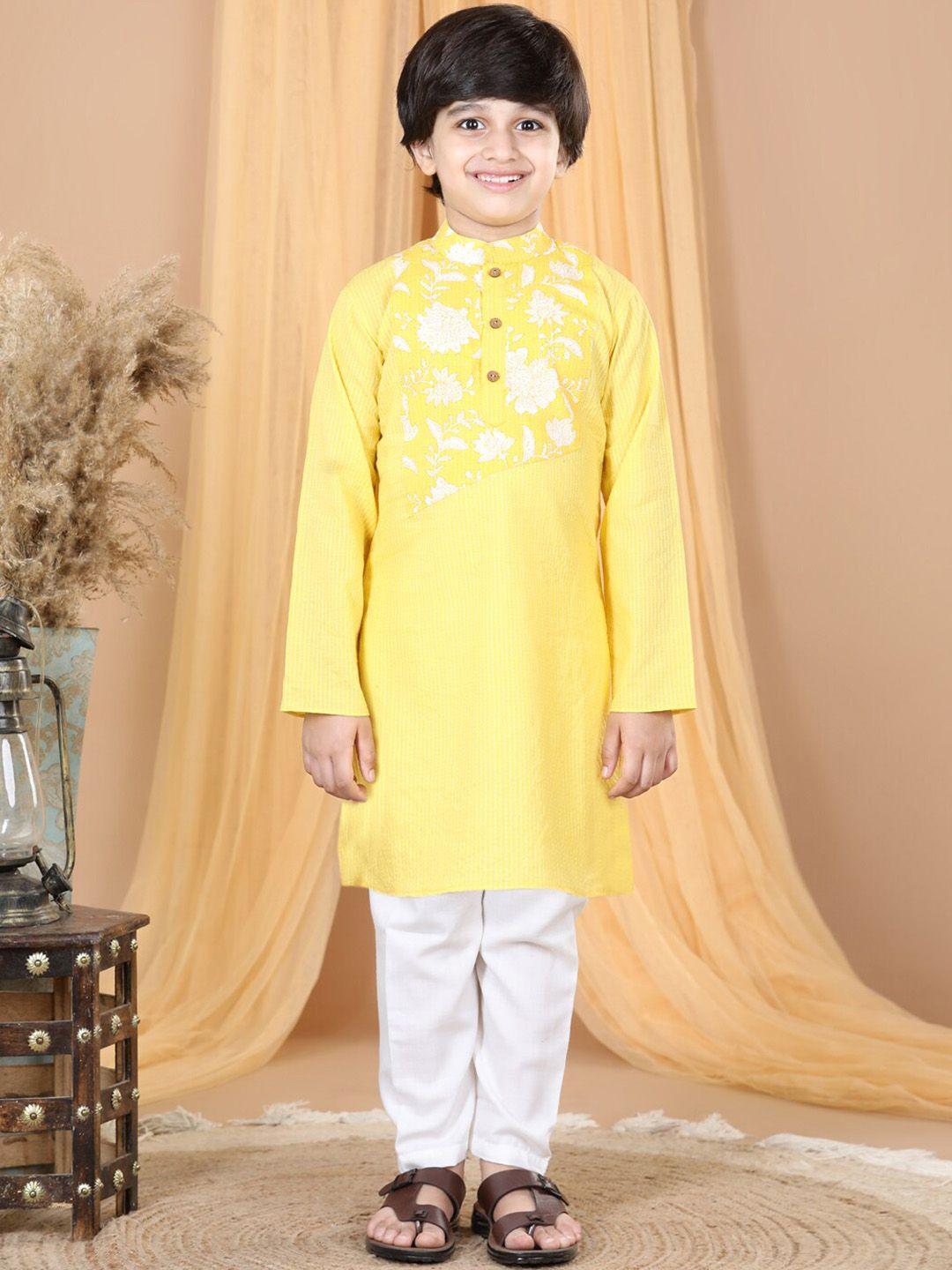 kinder kids boys floral yoke design pure cotton kurta with pyjamas