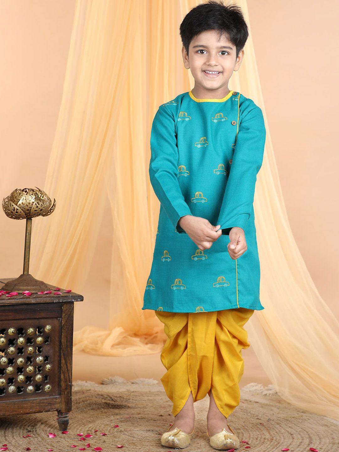 kinder kids boys green embroidered angrakha thread work pure cotton kurta with pyjamas