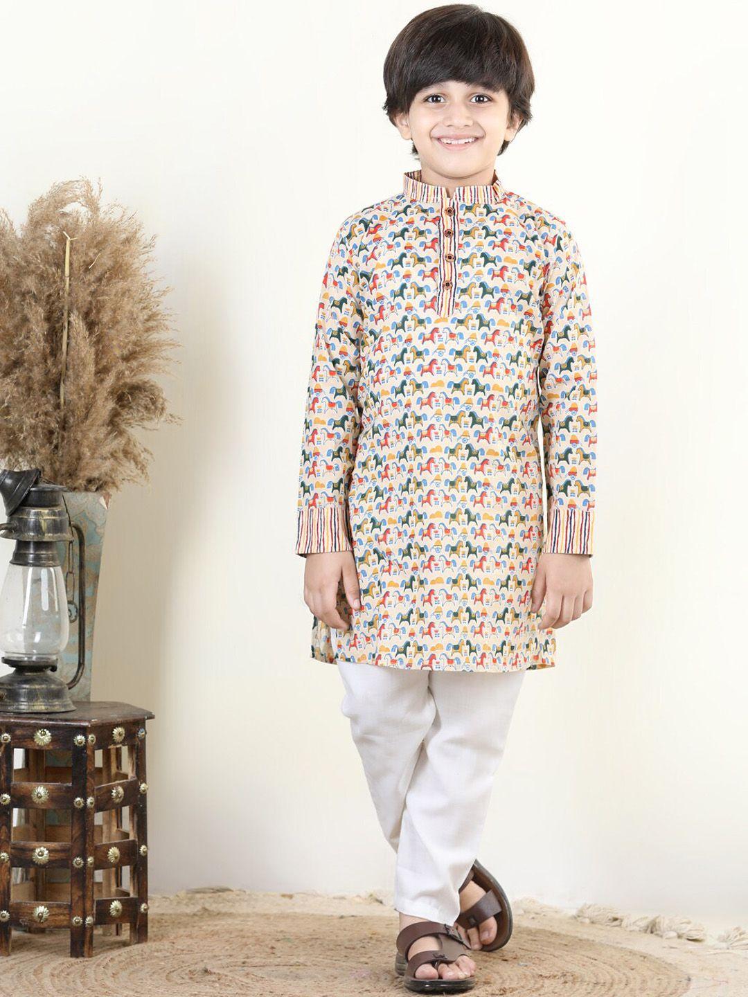kinder kids boys horse printed regular pure cotton kurta with pyjamas
