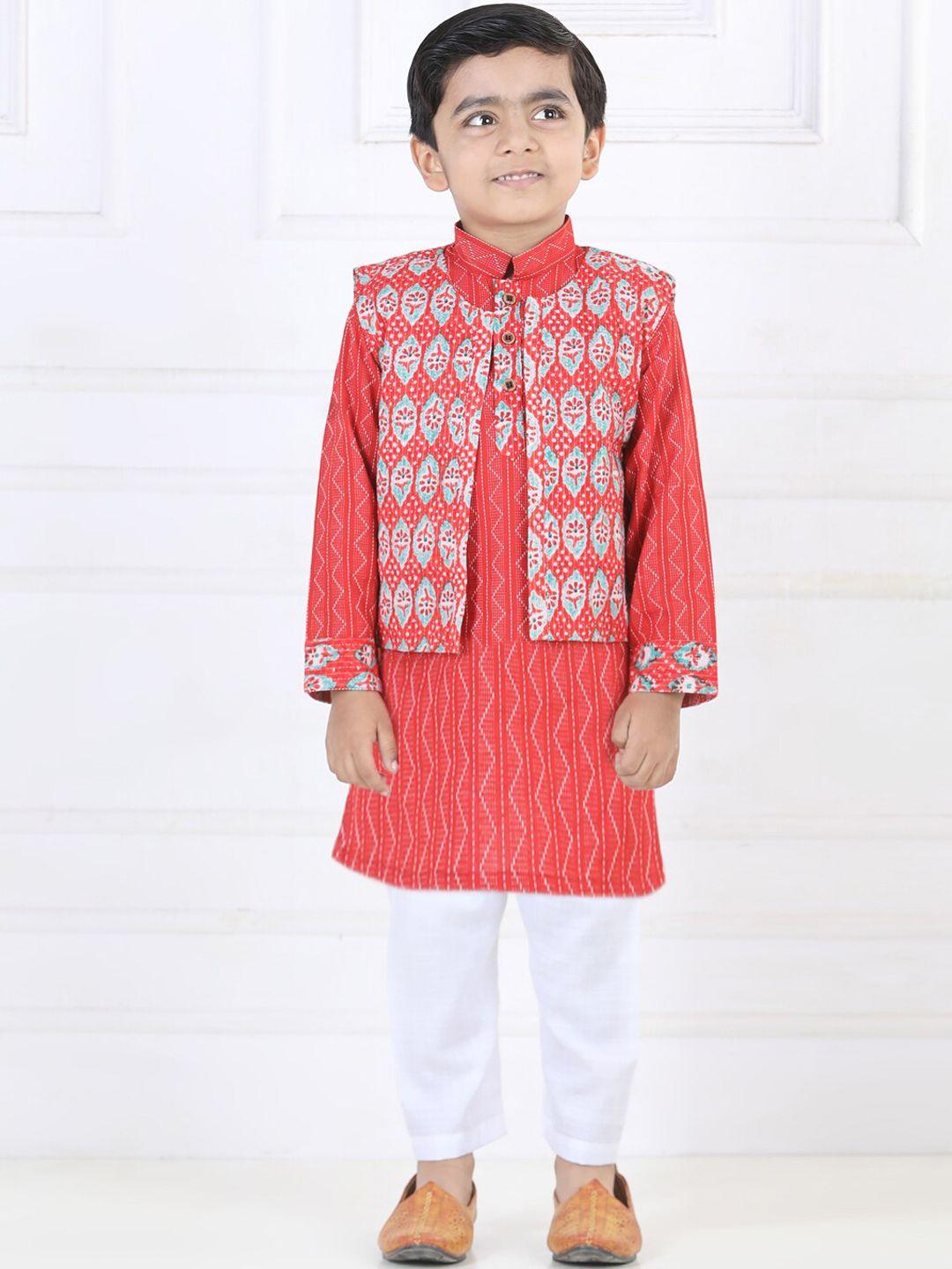 kinder kids boys printed mandarin collar pure cotton kurta with pyjamas & jacket