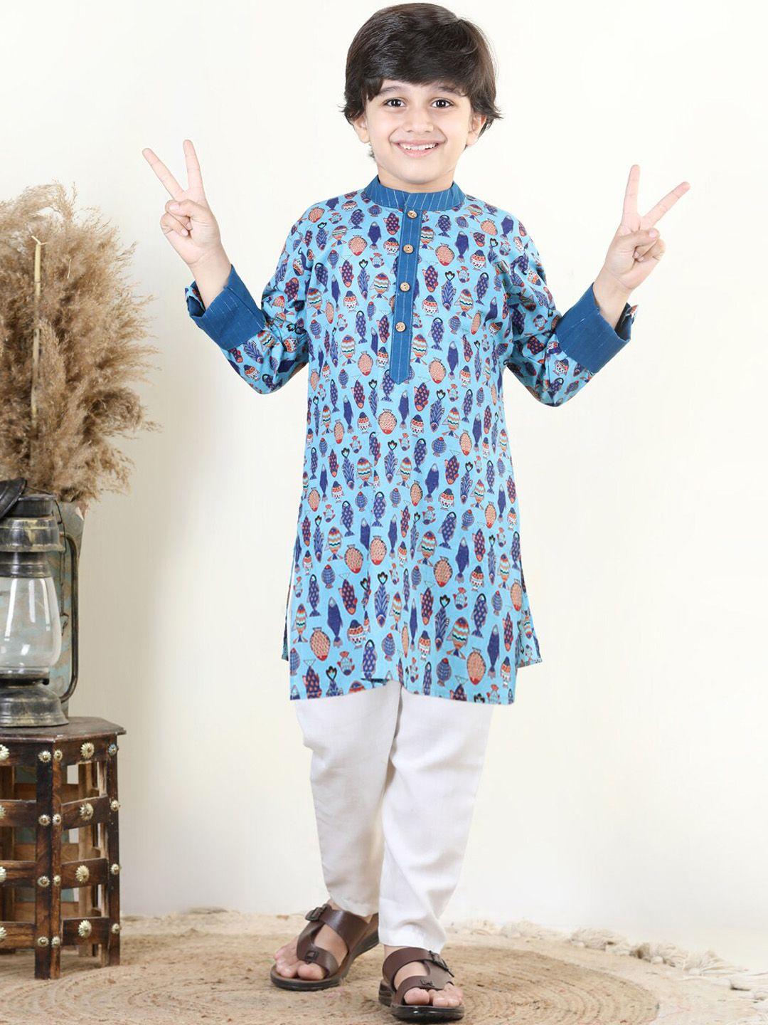 kinder kids boys quirky printed pure cotton kurta with pyjamas