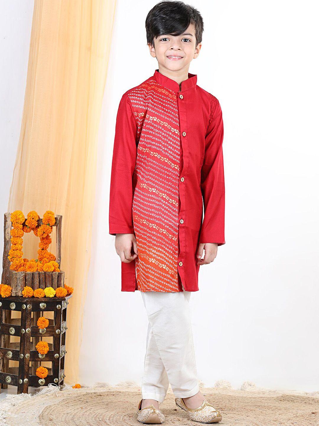 kinder kids boys red bandhani printed pure cotton kurta with pyjamas