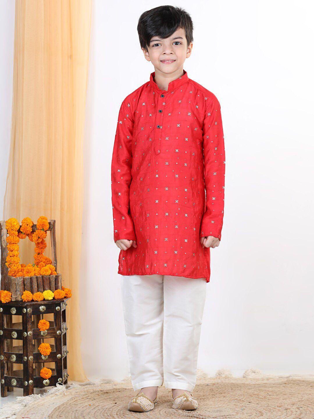 kinder kids boys red embroidered pure cotton kurta with pyjamas