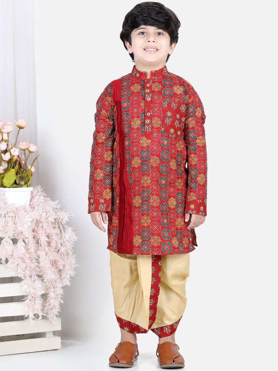 kinder kids boys red ethnic motifs printed pure cotton kurta with dhoti pants
