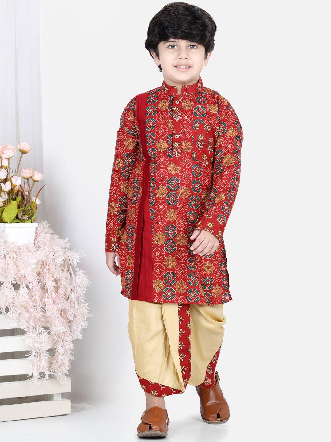 kinder kids boys red floral printed angrakha pure cotton kurta with dhoti pants