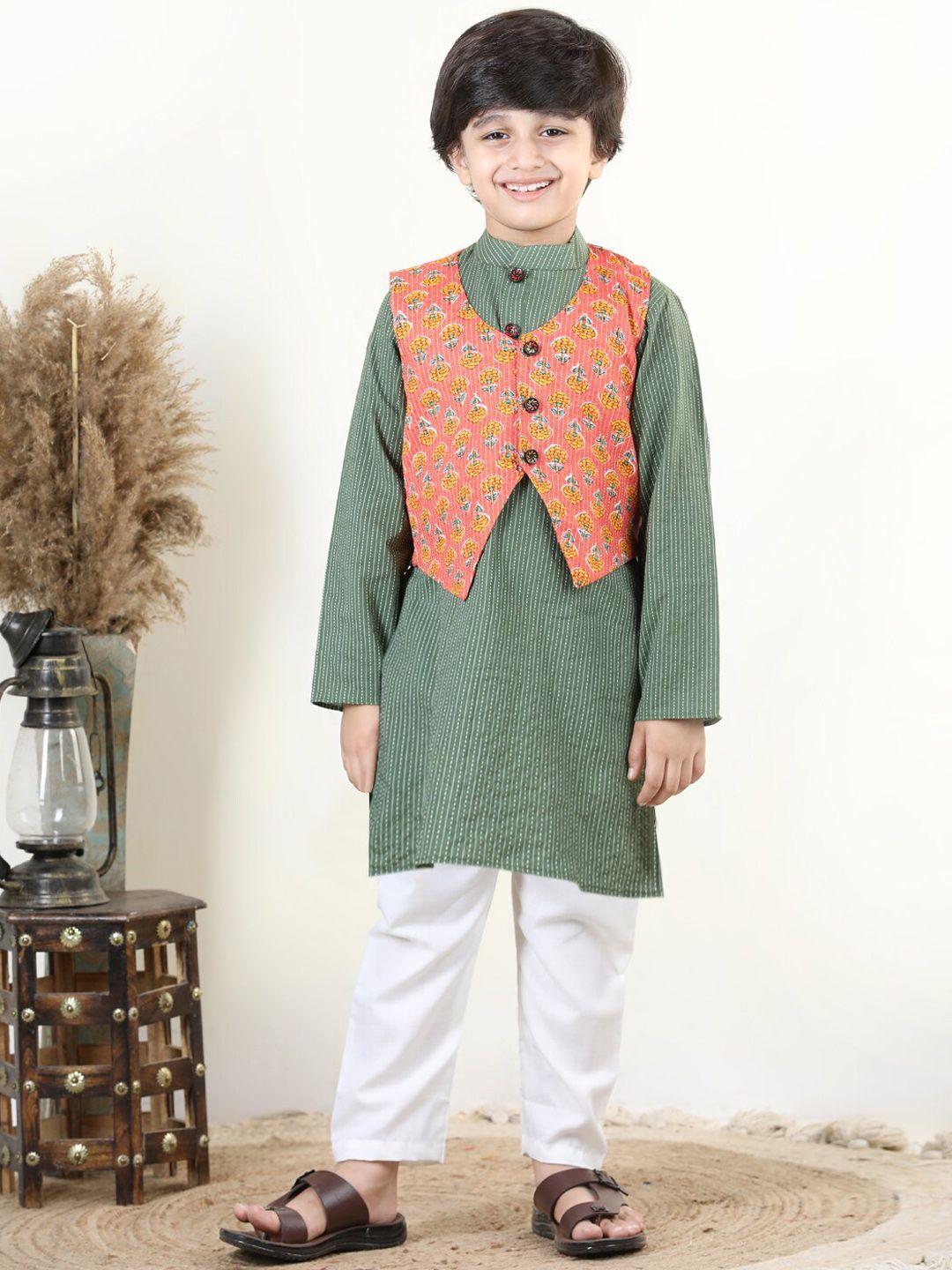 kinder kids boys striped regular pure cotton kurta with pyjamas & nehru jacket