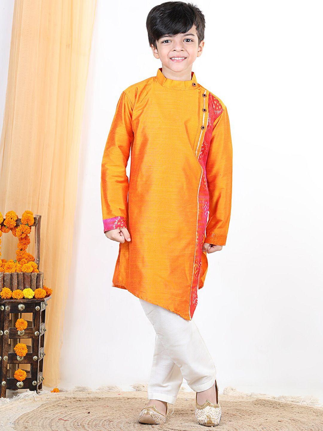kinder kids boys yellow asymmetric pure cotton kurta with pyjamas