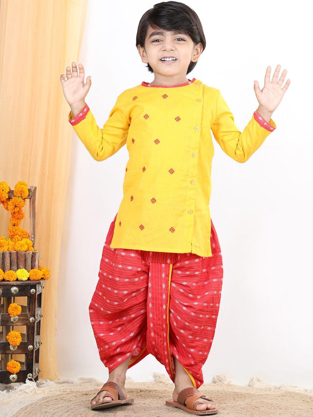 kinder kids boys yellow floral embroidered thread work pure cotton kurta with dhoti pants