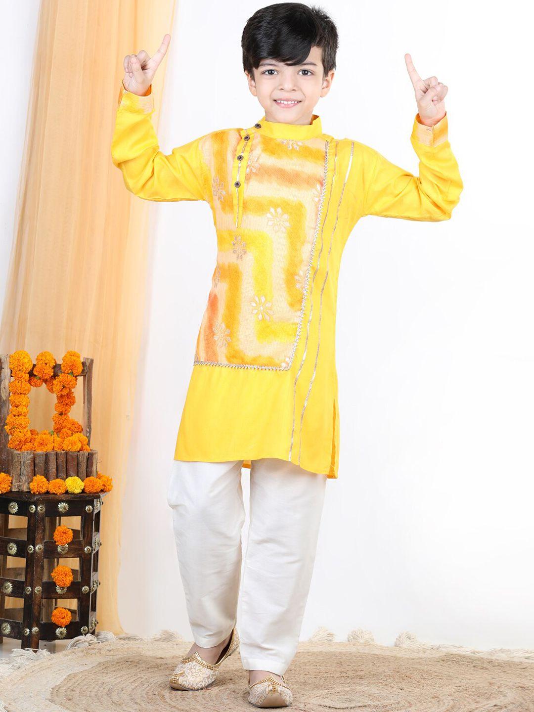 kinder kids boys yellow floral printed pure cotton kurta with pyjamas