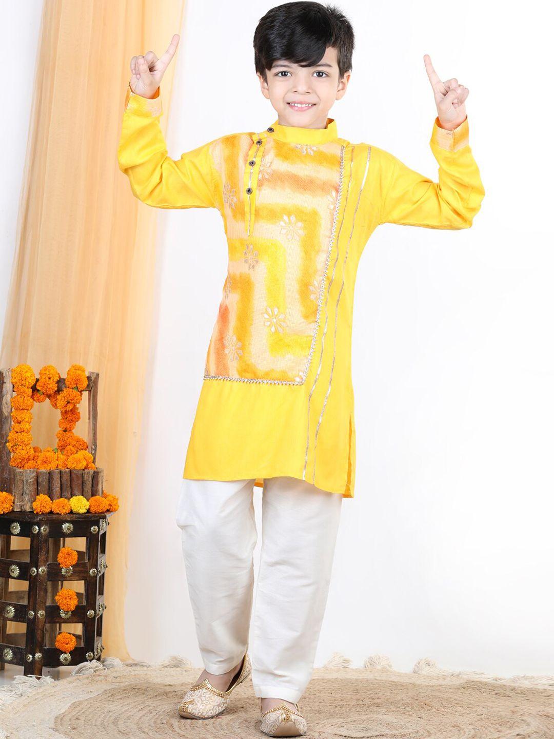 kinder kids boys yellow gotta patti pure cotton kurta with pyjamas
