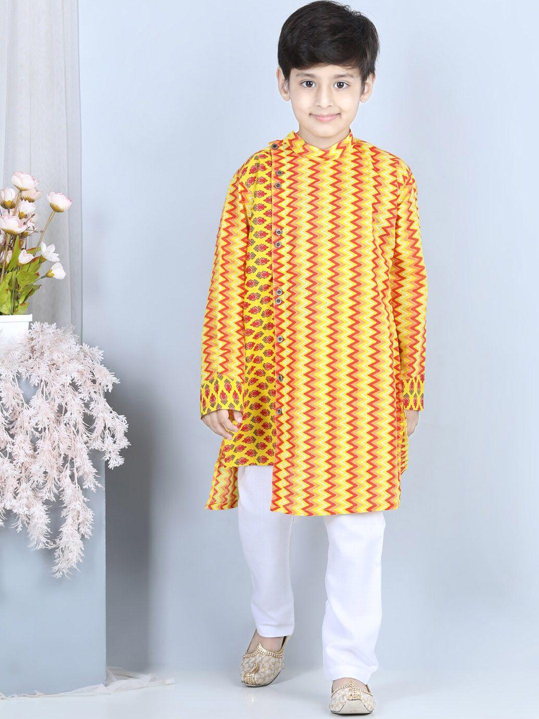kinder kids boys yellow striped angrakha kurta with pyjamas