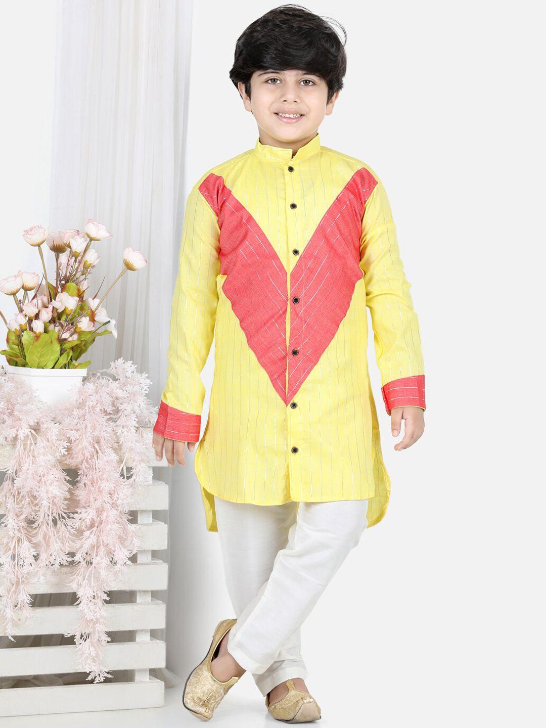 kinder kids boys yellow striped pure cotton kurta with pyjamas