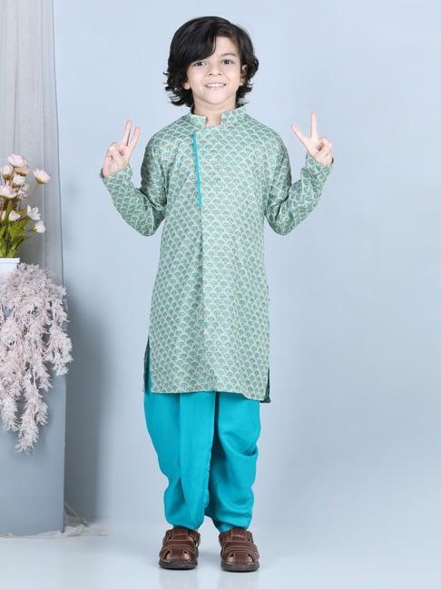 kinder kids green & blue floral print full sleeves kurta with dhoti