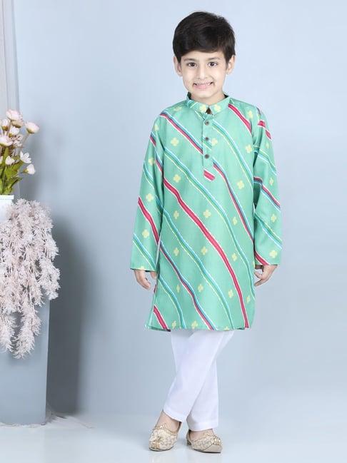 kinder kids green & white striped full sleeves kurta with pyjamas