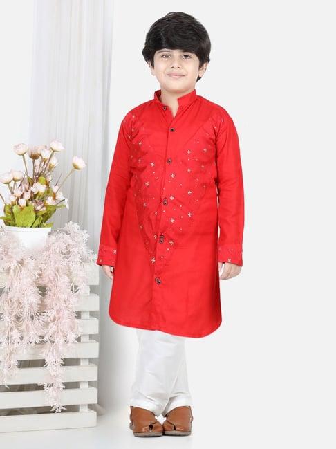 kinder kids red & white printed full sleeves kurta with pyjamas