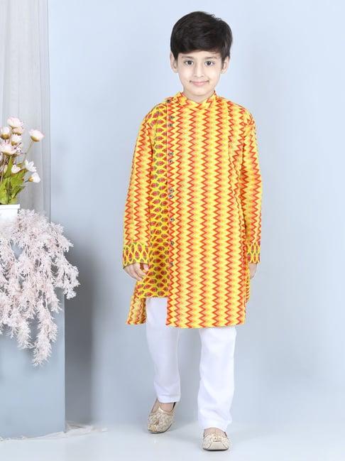 kinder kids yellow & white printed full sleeves kurta with pyjamas