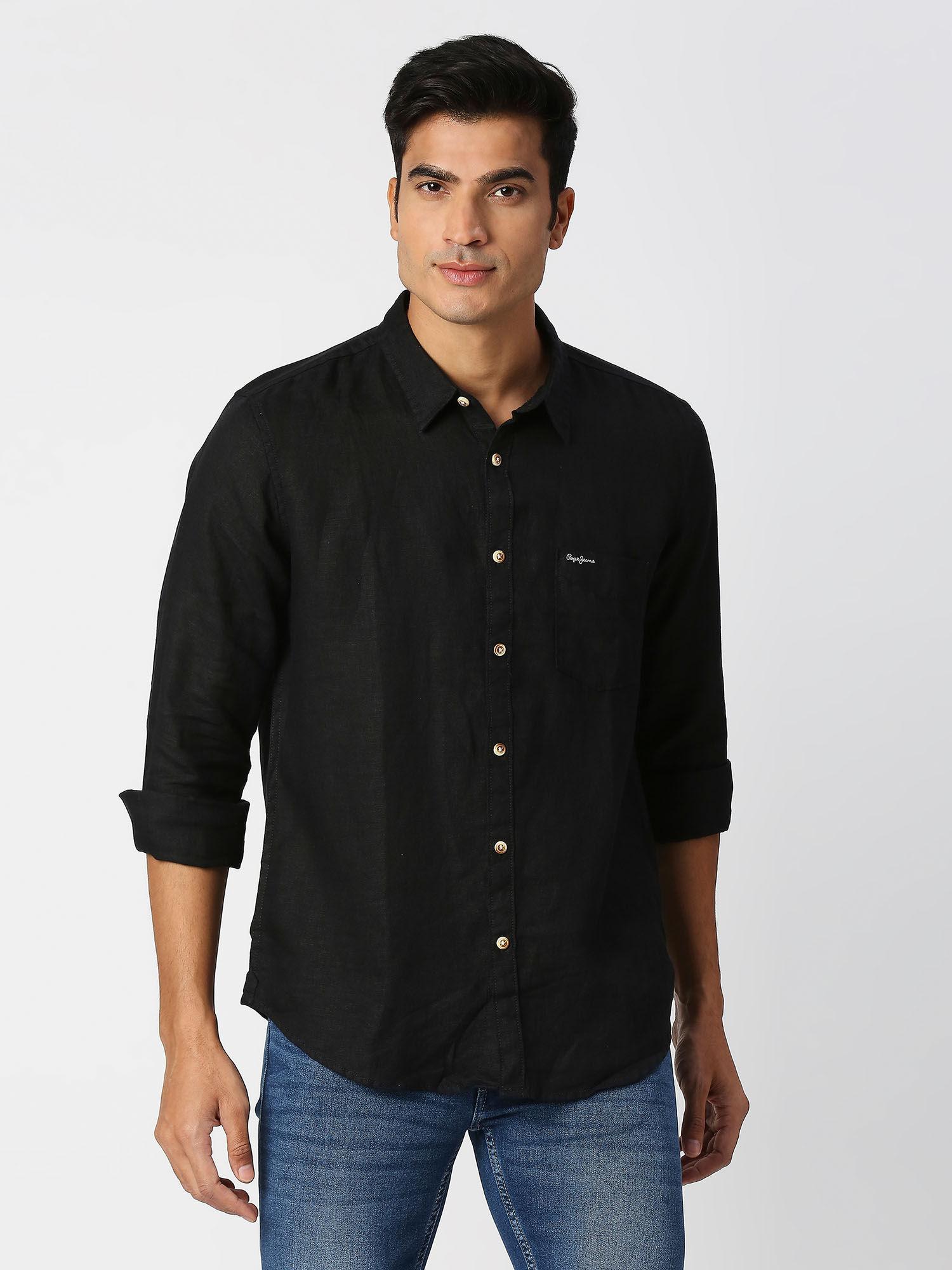 kingsman full sleeves black pure linen casual shirt